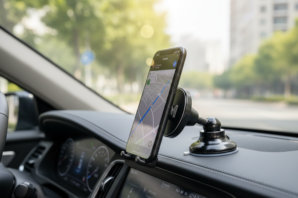 magnetic suction phone hlder in car blurrybackground